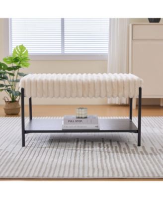 Upholstered Ottoman Coffee Table with Storage Shelf - Beige