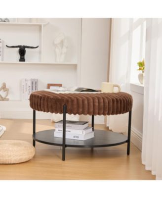 Upholstered Round Ottoman Coffee Table with Storage Shelf - Brown