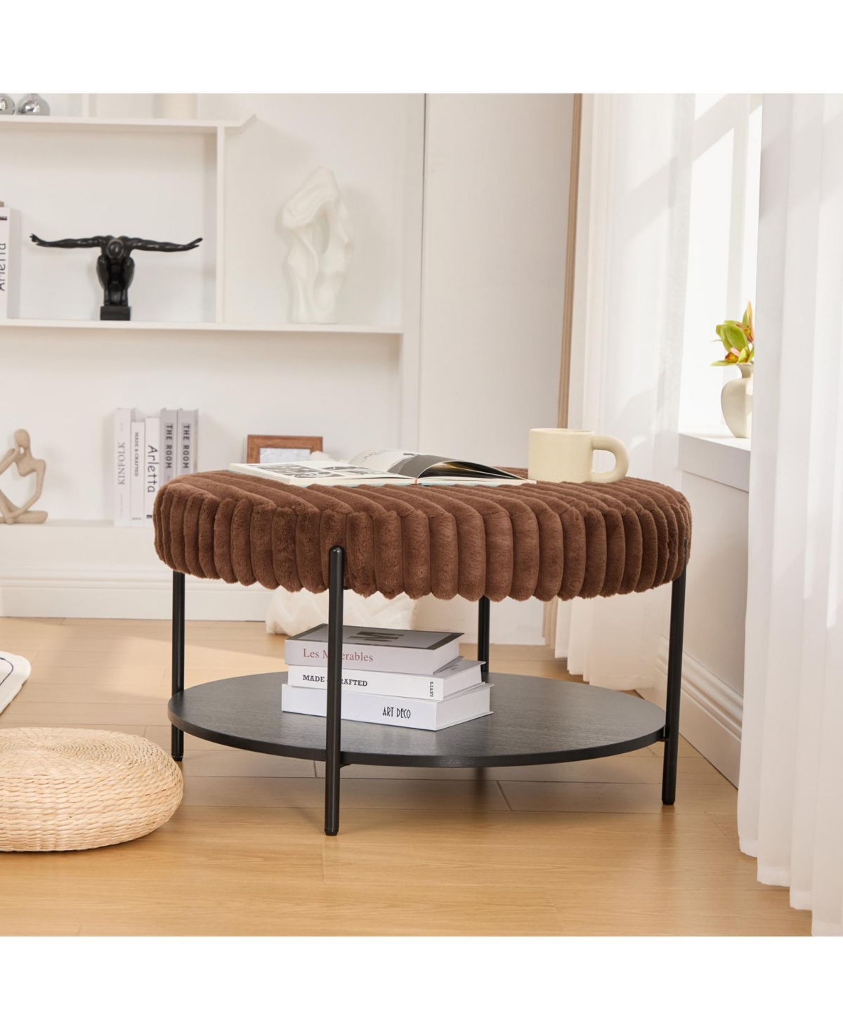 Streamdale Furniture Upholstered Round Ottoman Coffee Table with Storage Shelf - Brown