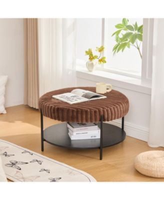 Upholstered Round Ottoman Coffee Table with Storage Shelf - Brown
