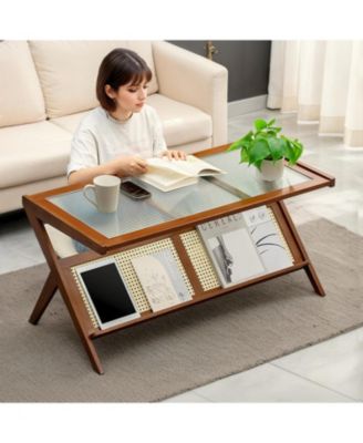 Rattan Coffee Table with Glass Top & Storage