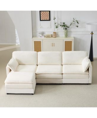 Streamdale Plush Cloud 3 Seater Sofa & Ottoman - Beige Chenille Cushions & Throw Pillows