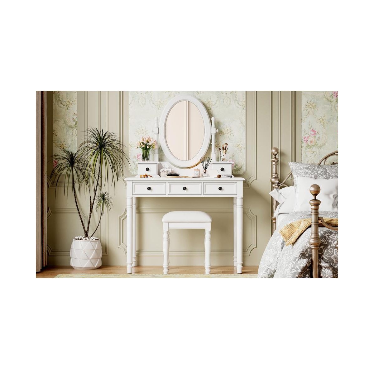 Streamdale Vanity Desk with Adjustable Mirror, Cushioned Stool & 5 Drawers - White