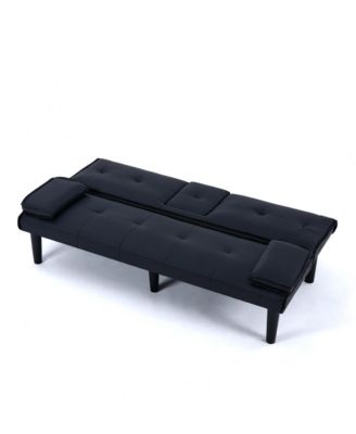67" Black PVC Multifunctional Sofa Bed with Foldable Design & Cup Holder
