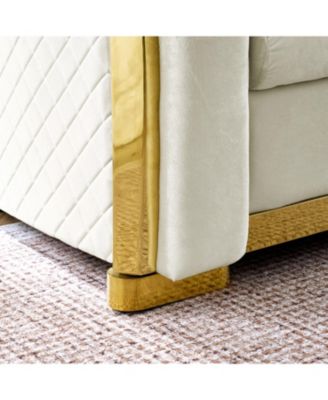 L-Shaped Chesterfield Sectional Sofa, Velvet, Gold Accents, Beige