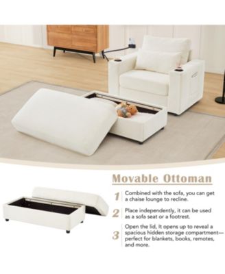 Modern Armchair Chaise Lounge Sofa with Ottoman, USB Ports & Cup Holders