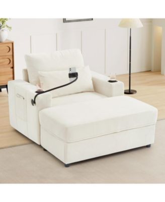 Modern Armchair Chaise Lounge Sofa with Ottoman, USB Ports & Cup Holders