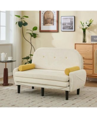 Ivory Corduroy Loveseat Sofa Bed with Storage & USB