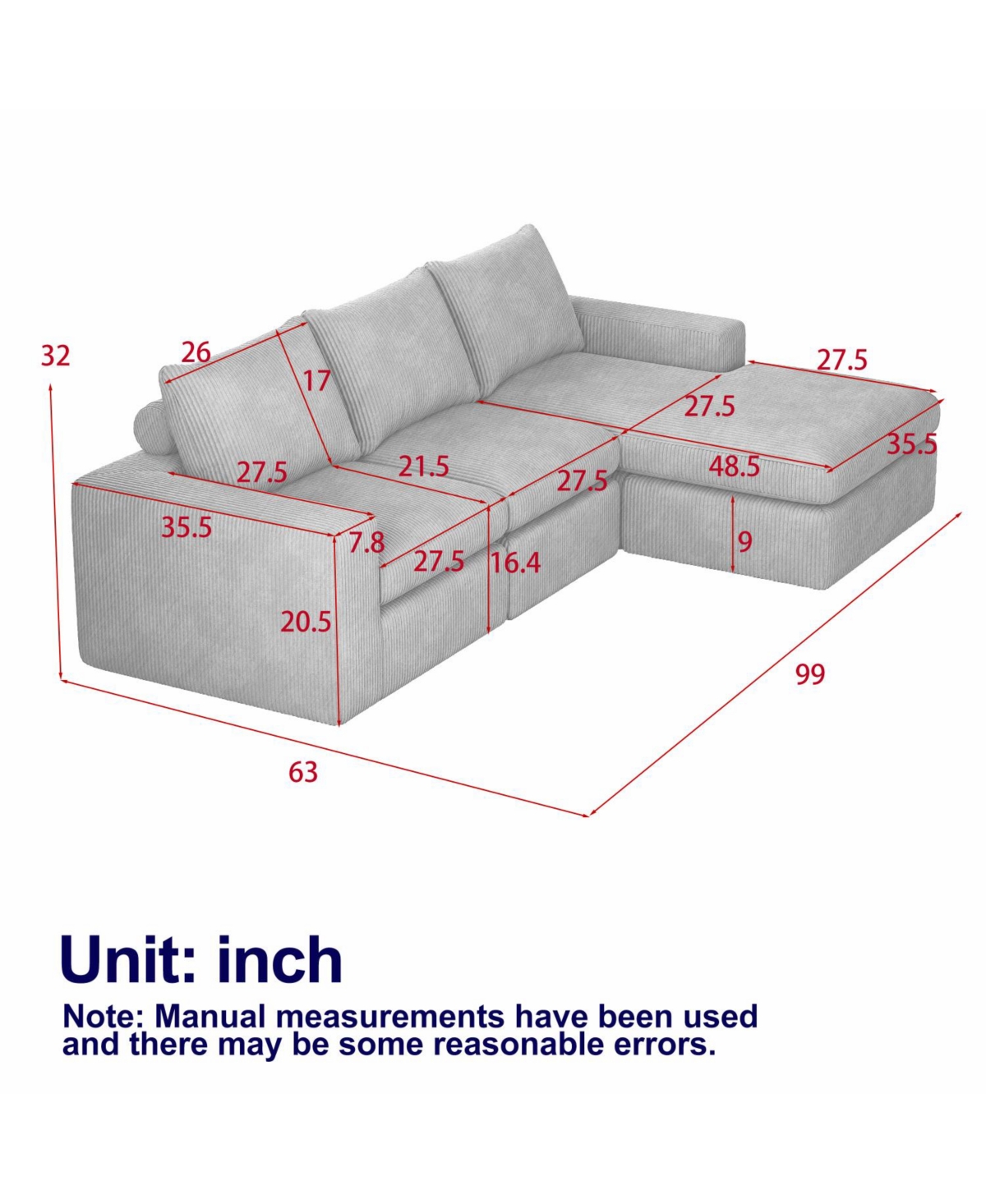 Streamdale Furniture 99" Corduroy Sectional Sofa with Chaise & 3 Pillows