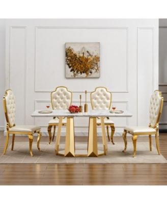 70" Faux Marble Dining Table, Mirrored Base (Gold/White)