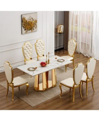 70" Faux Marble Dining Table, Mirrored Base (Gold/White)