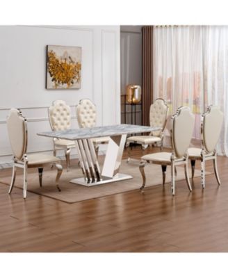 70" Faux Marble Dining Table, Mirrored Base (Silver/Grey)