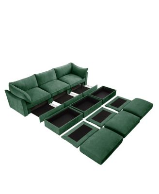 3-Seat Chenille Green Sofa with Ottomans & Storage