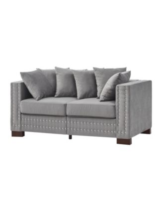 Modern Grey Velvet Loveseat with Silver Nailhead Trim
