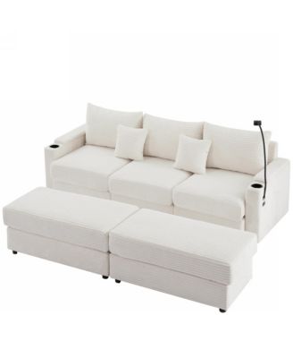 Modern 3-Seater Sofa w/ Storage, Ottomans, USB & Cup Holders – Beige