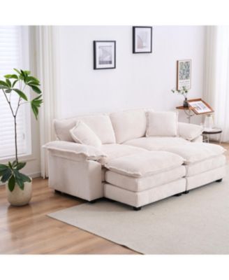 Corduroy 2-Seat Sofa with Pillows & Ottomans - White