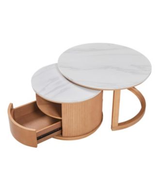  Round Marble Top Nesting Coffee Table, 2-Tier Storage, Drawer, Natural, 28.5"