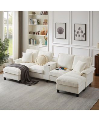 120" Corduroy Sectional Sofa Bed w/Storage, Cup Holders