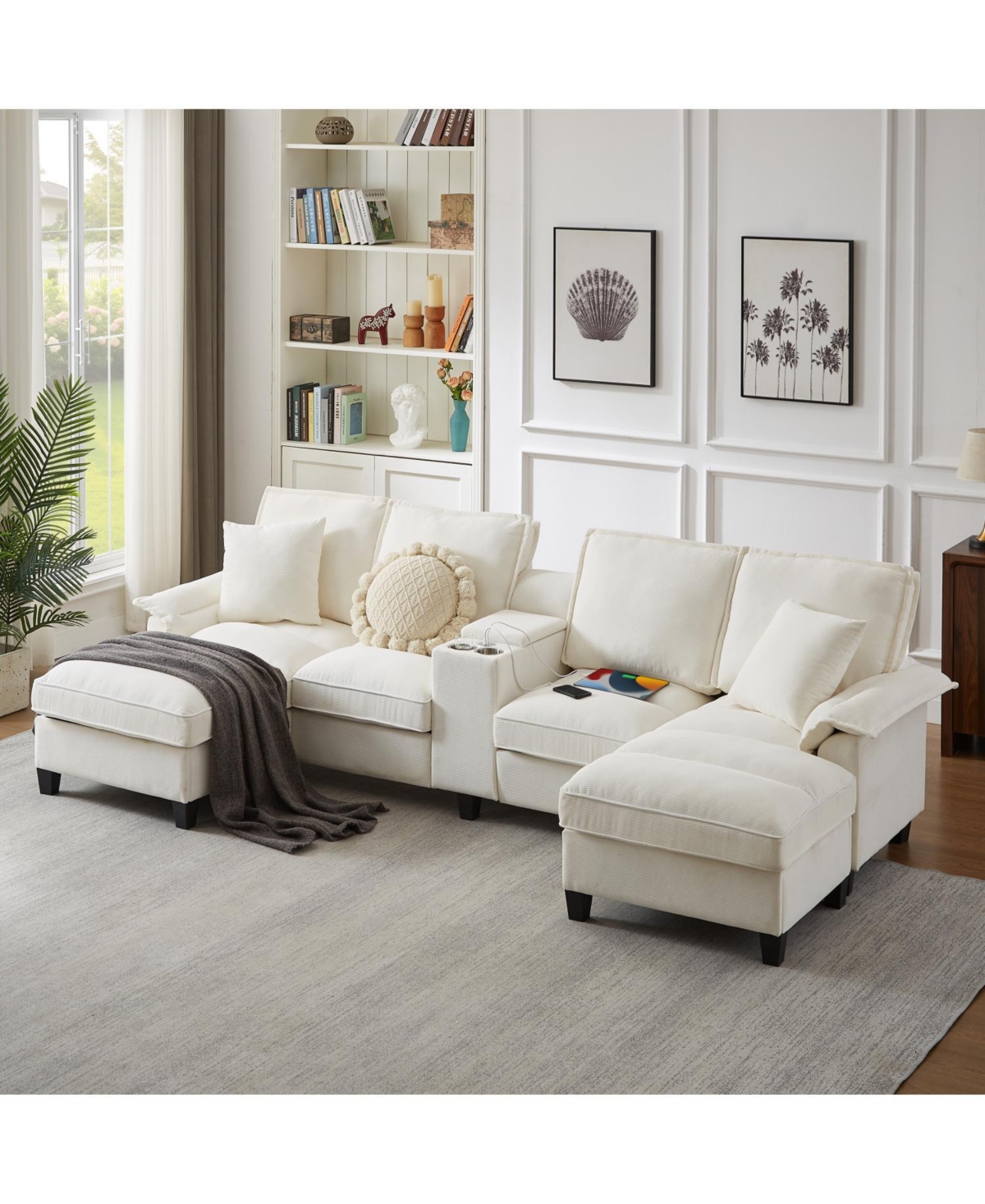 Streamdale Furniture 120" Corduroy Sectional Sofa Bed w/Storage, Cup Holders - Beige