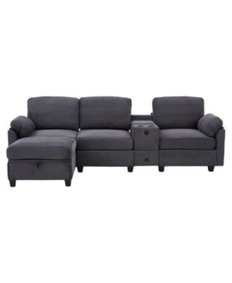 L-Shape Corduroy Sofa- 4-Seater, USB, Storage, Console & Ottoman