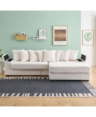 Beige Corduroy Sofa w/ Cupholders, Lockers, Reversible Chaise
