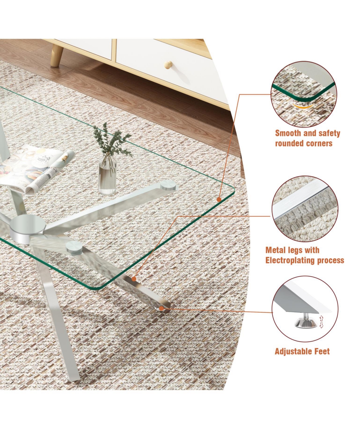 Streamdale 39" Clear Glass Coffee Table, Silver Metal Legs