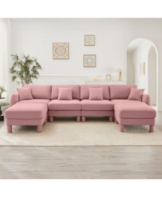 Streamdale Boucle U-Shape Sectional Sofa with Ottomans, Shell Arms, Pink
