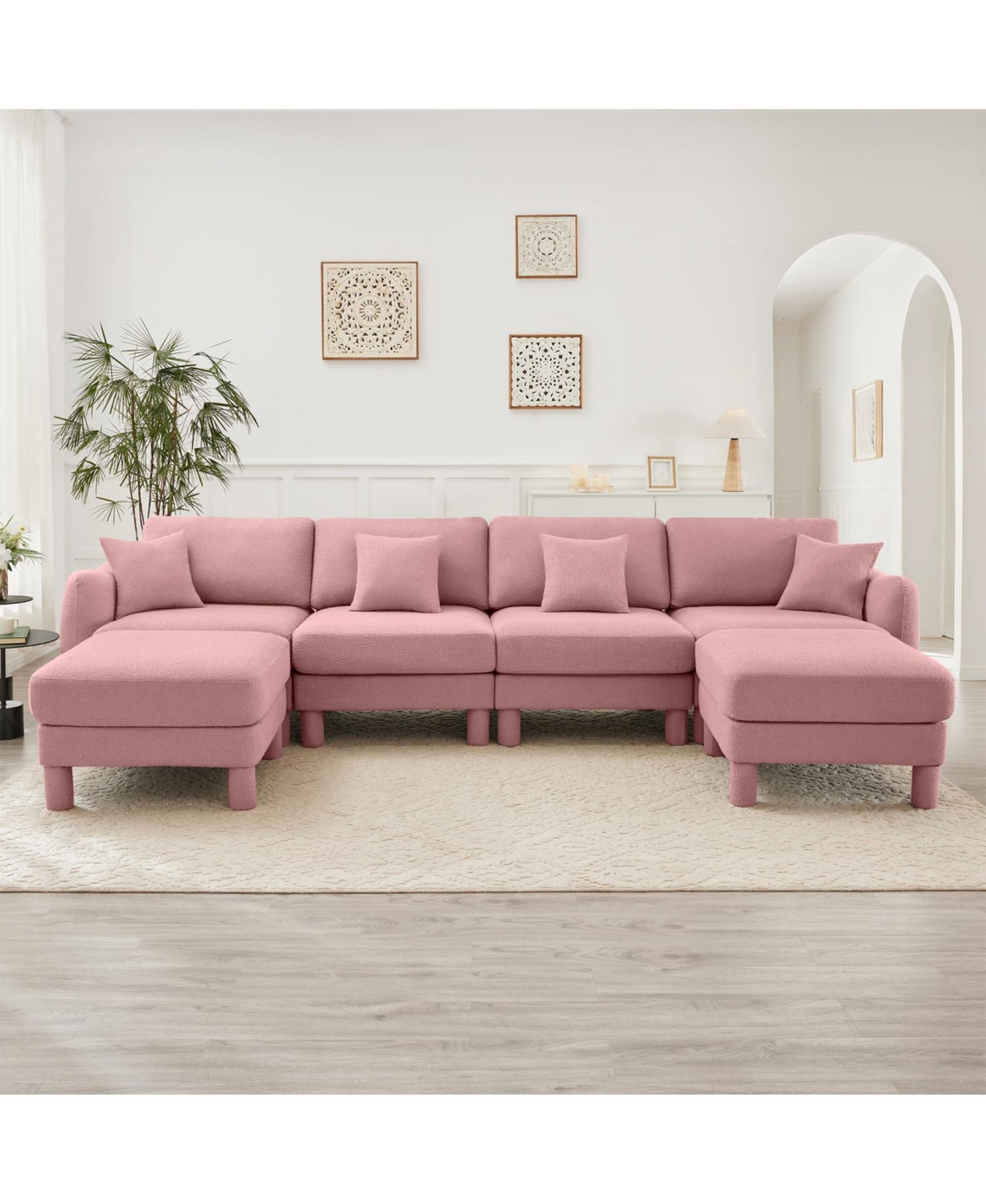 Streamdale Boucle U-Shape Sectional Sofa with Ottomans, Shell Arms, Pink