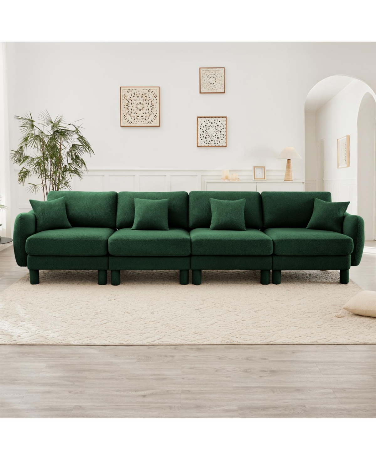 Streamdale FurnitureGreen Boucle 4-Seater Sofa with Shell Armrests