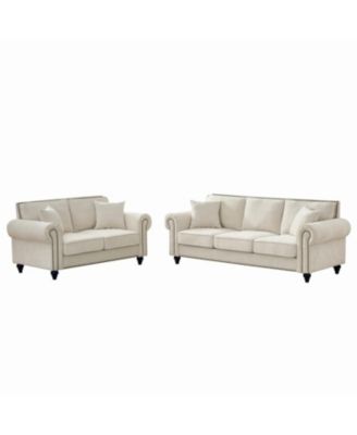 Streamdale Modern 3+2 Seater Chenille Sofa, Rolled Arms, Nailhead Trim - Beige