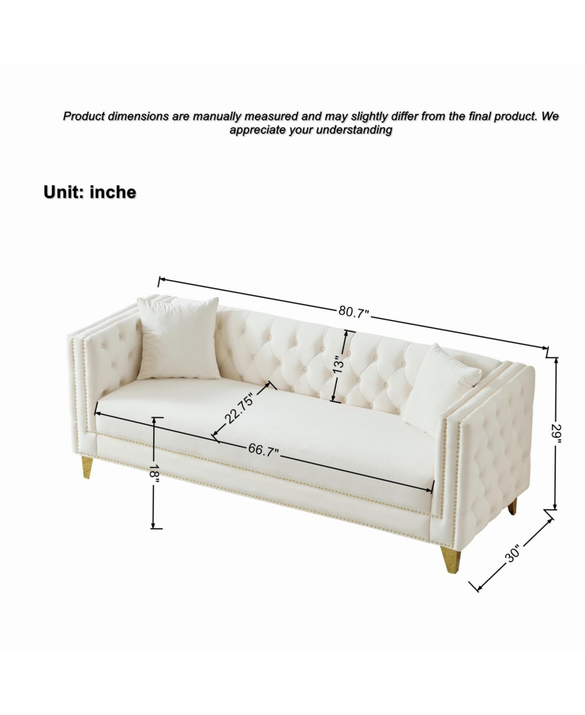 Streamdale Furniture 80" Chesterfield Velvet Sofa, 3-Seater, Button Nailhead