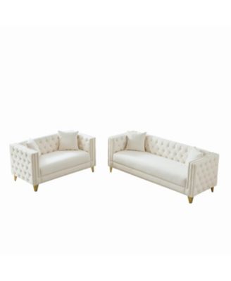 Streamdale Chesterfield Velvet Sofa, 3+2 Seater, Button Nailhead, Beige