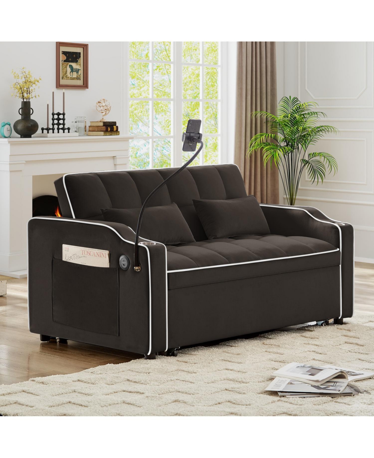 Streamdale Furniture Foldable Velvet Sleeper Sofa Bed with Usb, Phone Stand & Adjustable Back