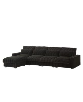 Corduroy L-Shaped Sofa w/ Cup Holder, USB, Pillows & Movable Footrest