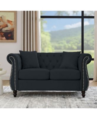 Black Velvet Chesterfield Sofa, 2 Seater, Tufted, Rolled Arms, Nailhead, 2 Pillows