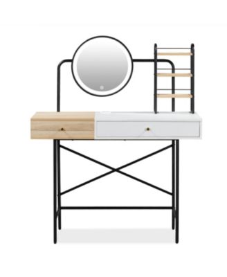 White Vanity Desk with Mirror, Charger, and Storage
