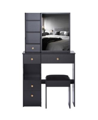 Slim Vanity with XL Sliding Mirror, Multi-Layer Storage, Cushioned Stool
