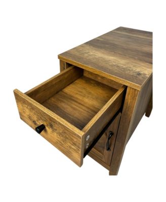 Farmhouse End Table with Storage and Charging Station, Drawer and Barn Door