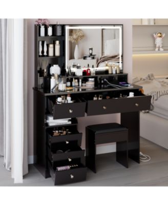 Streamdale Vanity Table with Stool and Power Station, Extra Large LED Mirror, Hair Dryer Stand