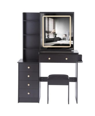 Vanity Table Set with Sliding Mirror, 2 AC+2 USB, Hair Dryer Stand