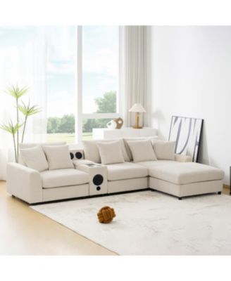 Streamdale Corduroy Sectional Sofa with Bluetooth, Console, USB Charger, Storage, Ottoman