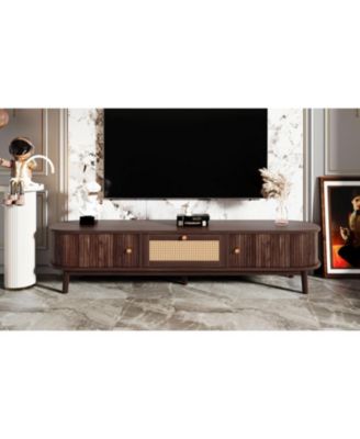 Modern TV Stand for 75" TVs with Rattan Drawer & Cabinets