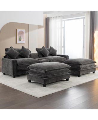 Chenille Sectional Sofa w/Ottomans USB Cup Holders & Storage