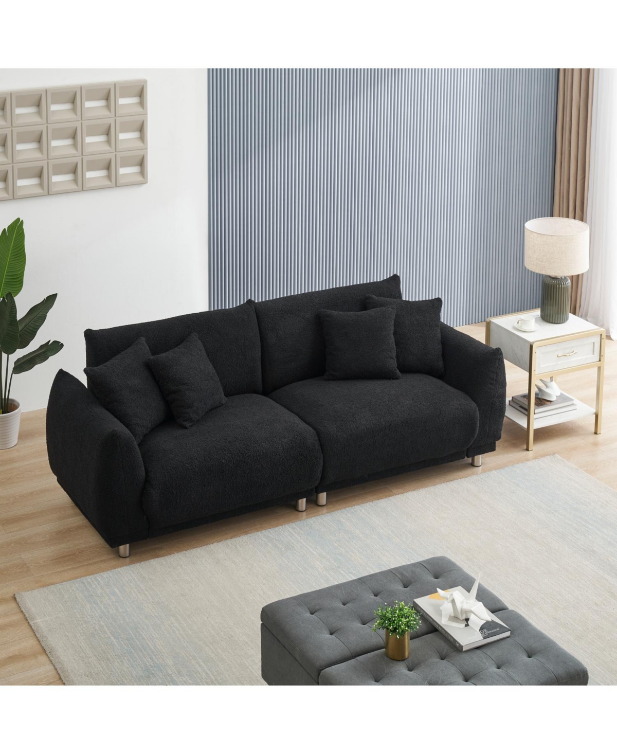 Streamdale Furniture Black Teddy Fleece Sofa with 4 Pillows