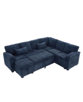 97" L-Shaped Chenille Sectional Sofa with Ottoman - Dark Blue