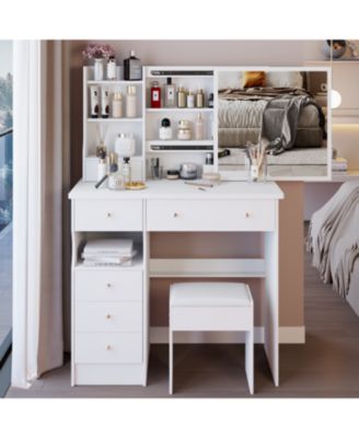 37" Vanity Table with Mirror Stool & Storage