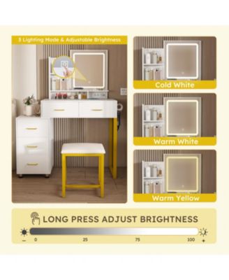 LED Lighted Makeup Vanity with Drawers & Metal Chair (White)