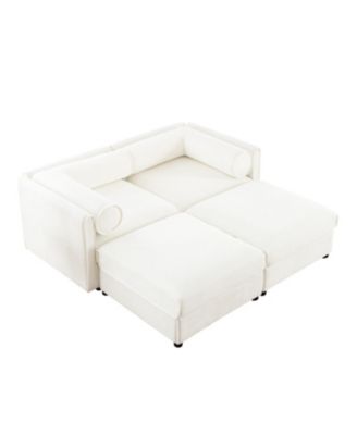 White Chenille 2-Seater Sofa with Storage Ottomans