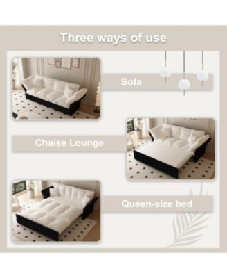 Queen Pull Out Sofa Bed, 3-in-1 Convertible Sleeper, Velvet, Beige