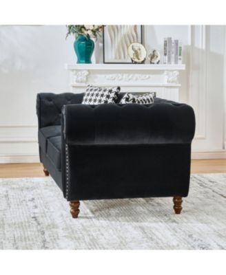 87" Chesterfield Velvet Sofa, Roll Arm, Nailhead Trim, 3 Seater